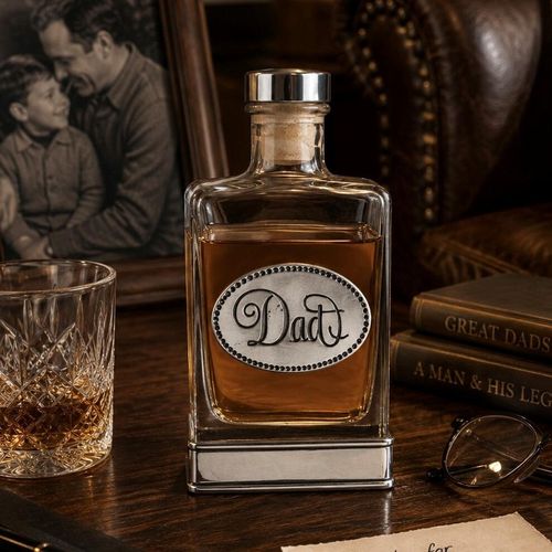 Handcrafted glass hip flask with pewter base featuring detailed dad emblem on front