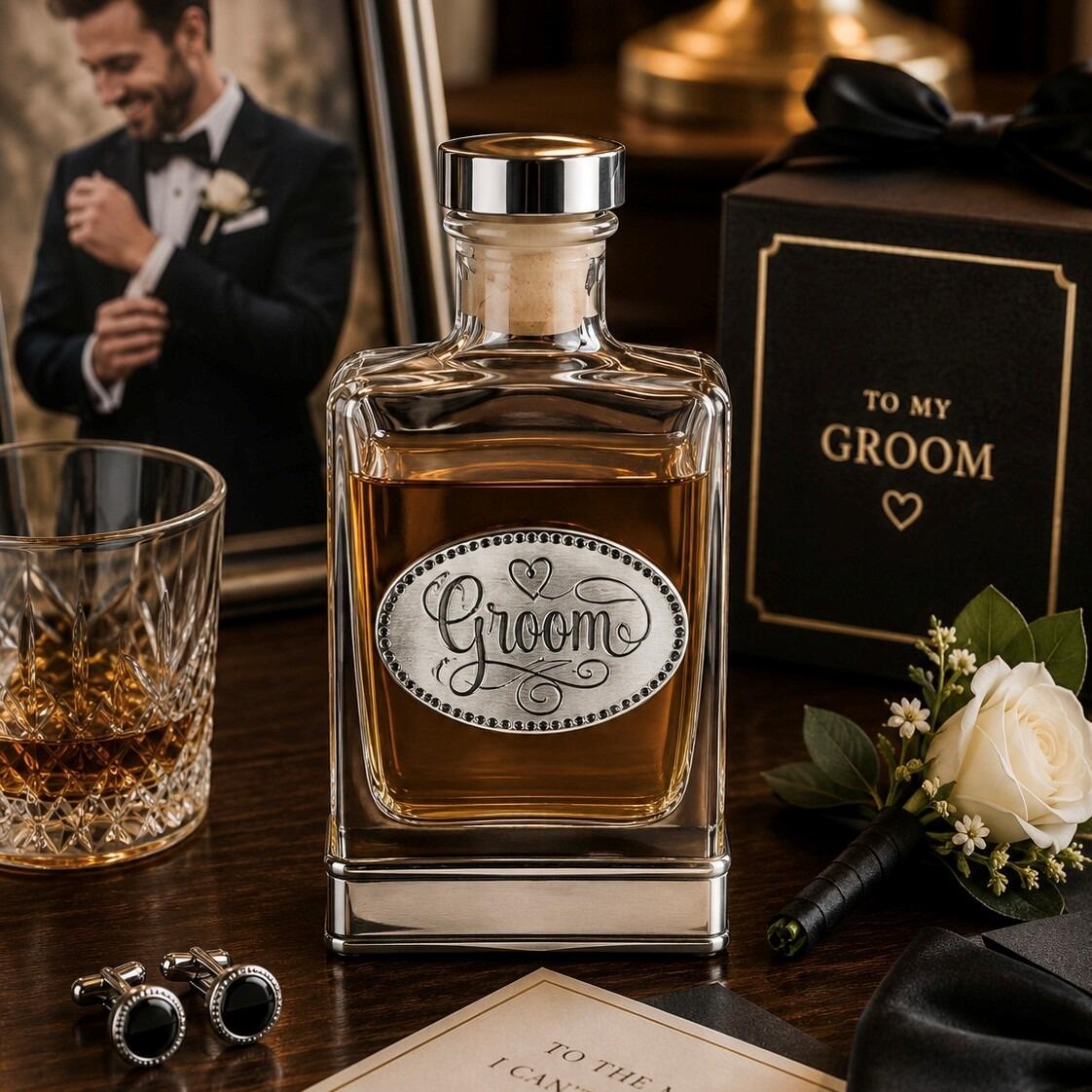 Handcrafted glass hip flask with pewter base featuring detailed groom emblem on front