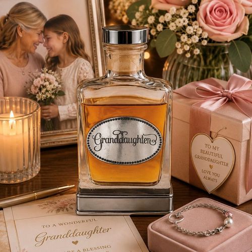 Handcrafted glass hip flask with pewter base featuring detailed granddaughter emblem on front