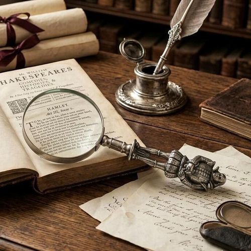 Pewter magnifying glass with a sculpted William Shakespeare figure handle, magnifying the text of Hamlet in an open antique book beside a quill and inkstand.