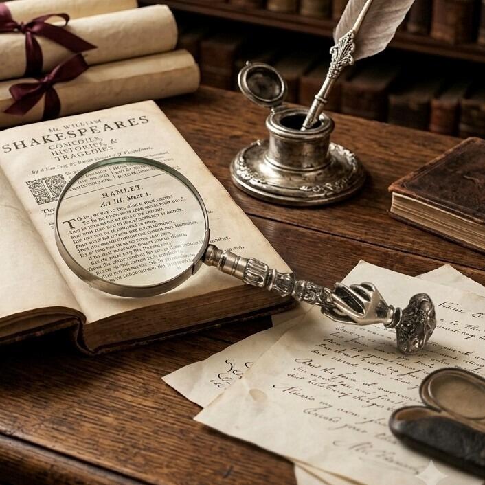 Pewter magnifying glass with ornate claw handle on vintage illuminated manuscript with Latin text, antique desk setting with books