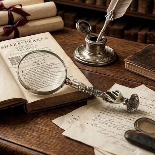 Pewter magnifying glass with ornate claw handle on vintage illuminated manuscript with Latin text, antique desk setting with books