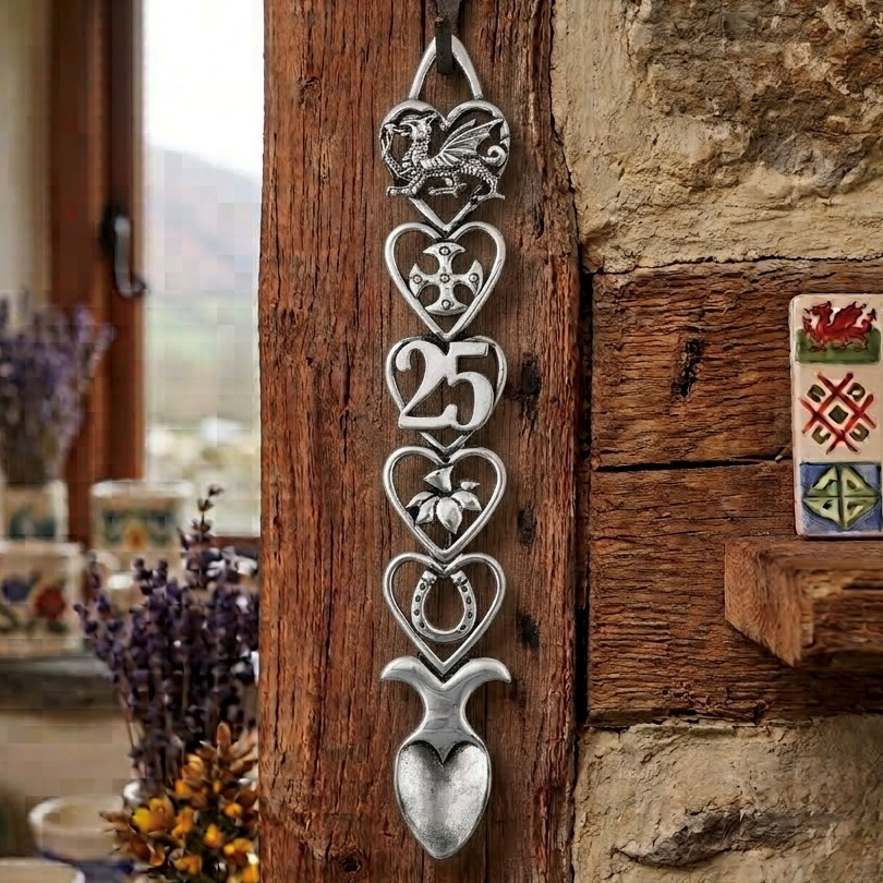 Handcrafted pewter 25th birthday Welsh lovespoon hanging on a rustic wooden beam, featuring detailed symbols including a Welsh dragon, Celtic cross, the number 25, a daffodil, a horseshoe, and a heart-shaped spoon bowl.