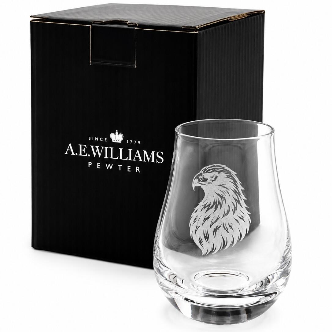 Eagle engraved whisky tasting glass presented beside an A E Williams gift box