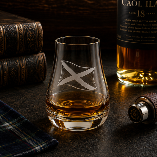 Scottish Saltire engraved whisky taster glass with whisky in a Scottish lifestyle setting