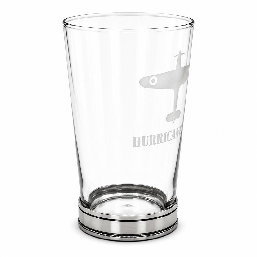Hurricane aircraft engraved beer glass showing polished British pewter base
