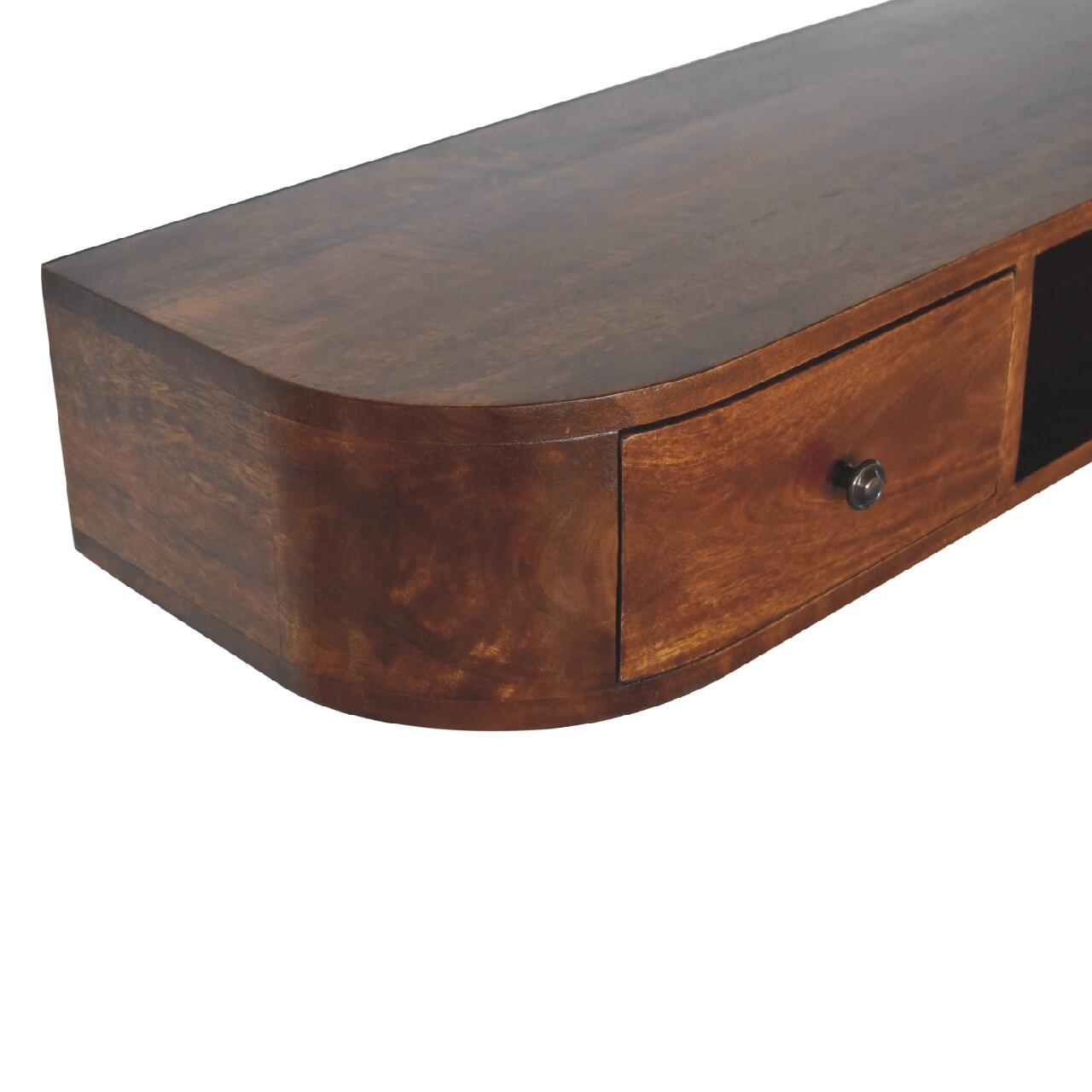 chestnut floating shelf with drawers