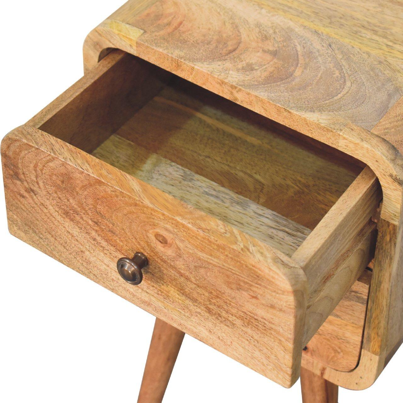 Mini Curved Solid Mango Wood Compact Bedside Table