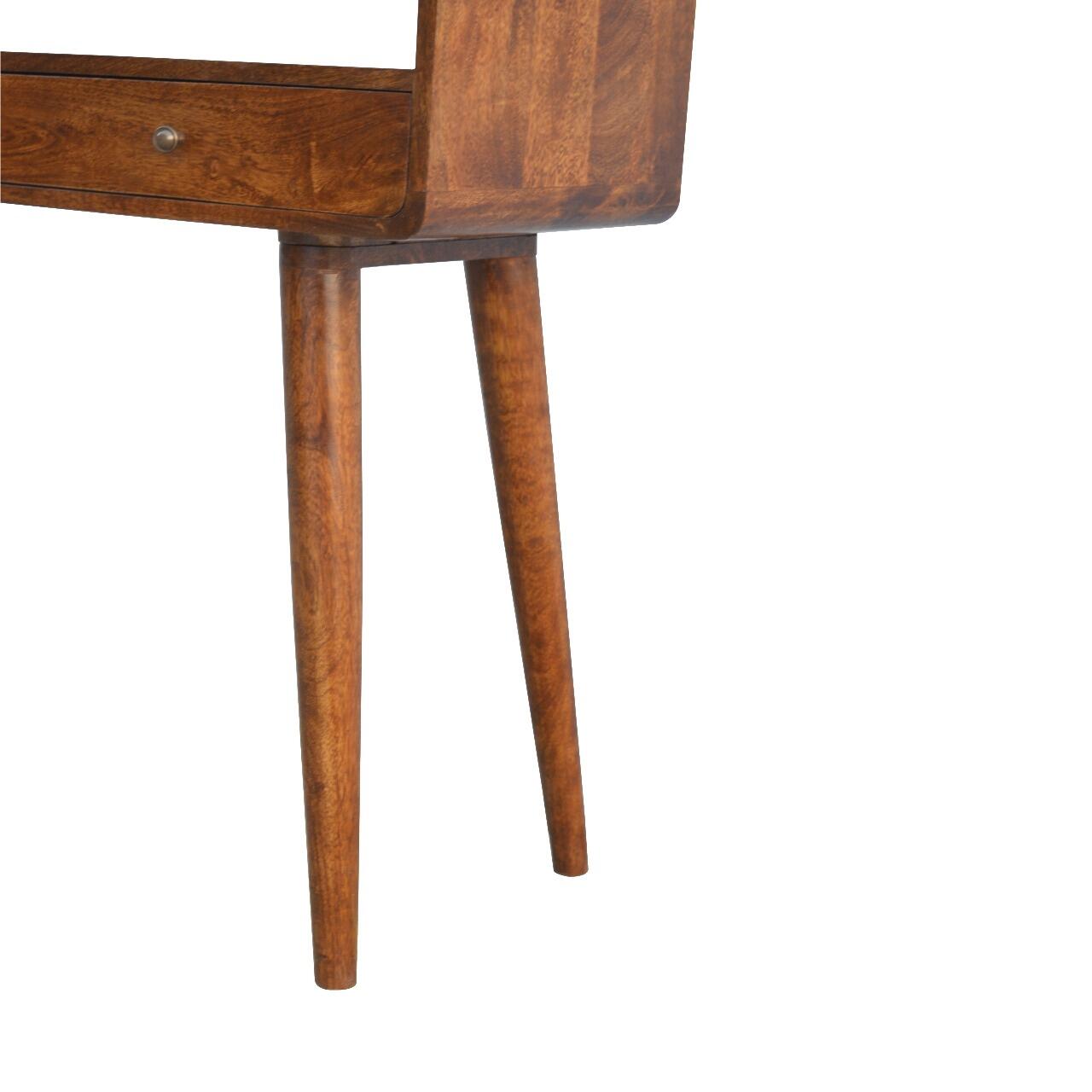 curved chestnut console table with drawers