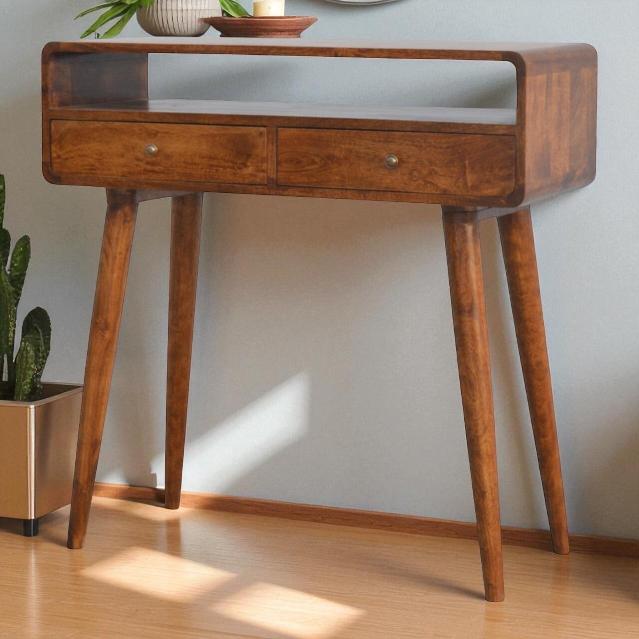 chestnut console table with 2 drawers