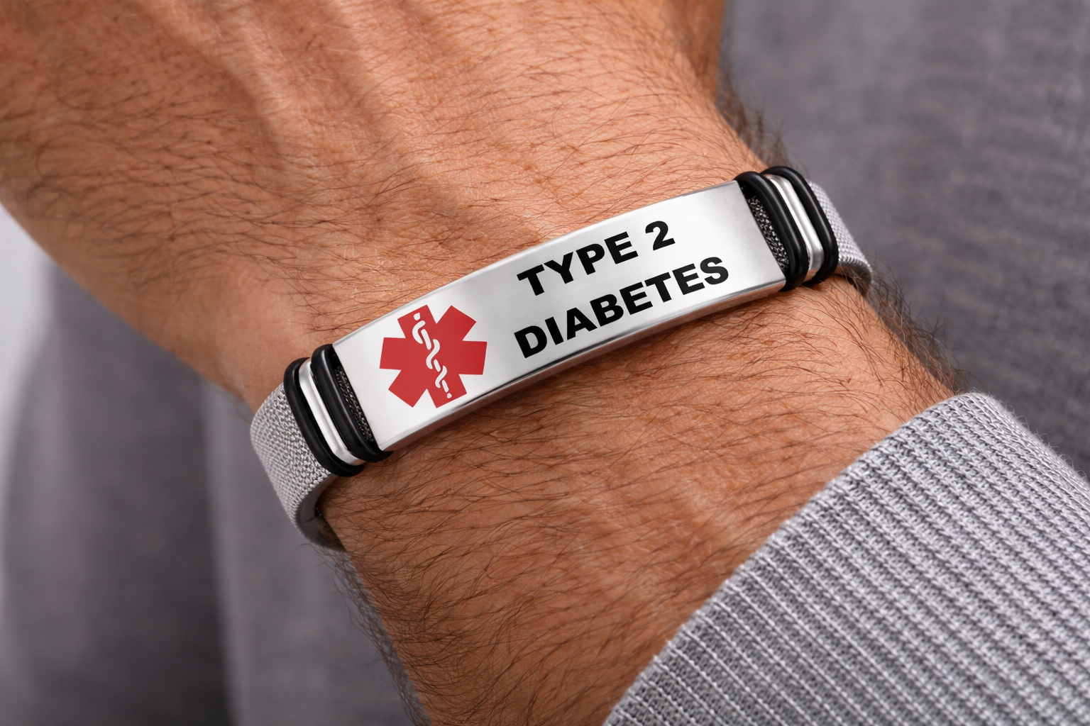 Silver type 2 diabetes bracelet on mans wrist