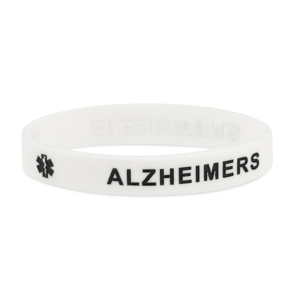White Alzheimer’s awareness silicone bracelet with black debossed text
