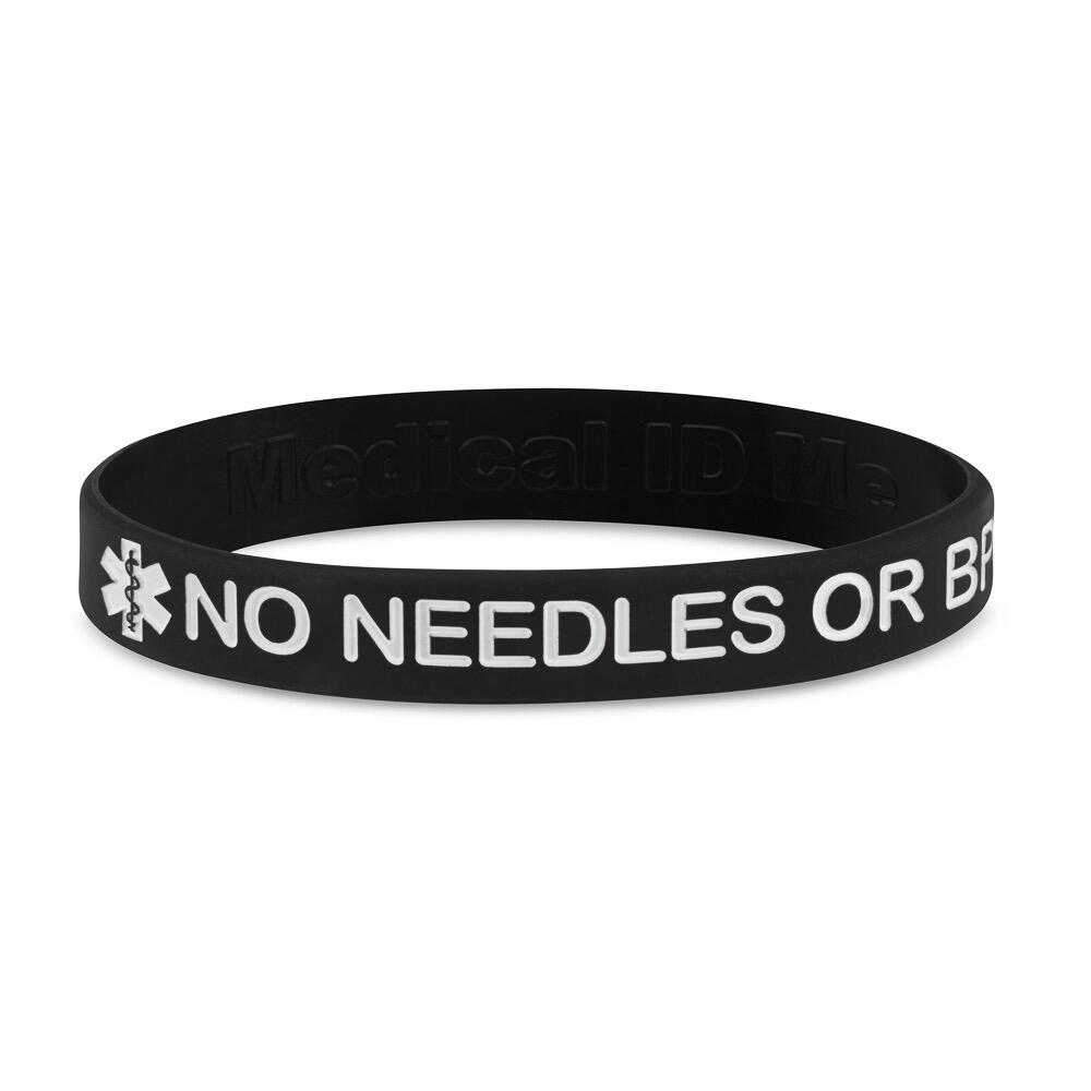 Black No Needles or BP in This Arm medical alert silicone bracelet