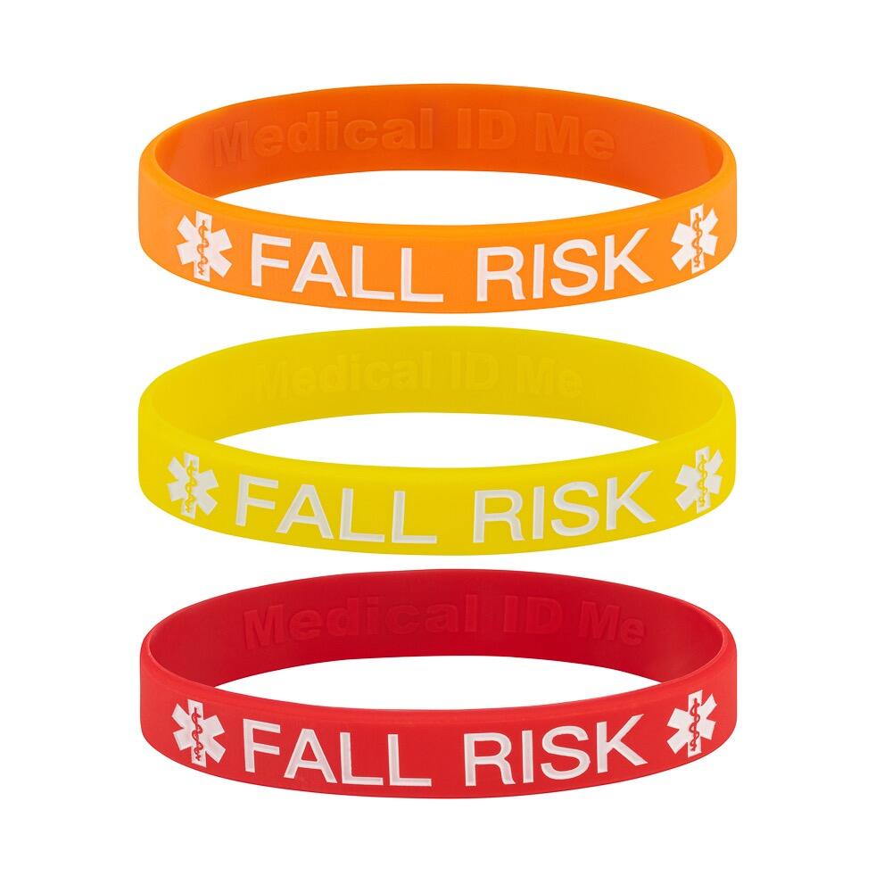 Fall Risk silicone bracelet set in red, orange and yellow with medical alert symbol