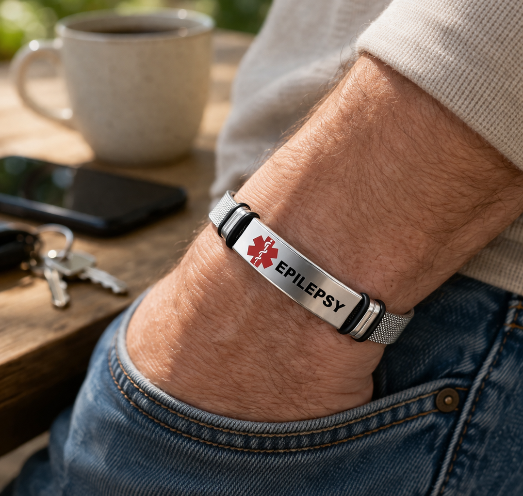 epilepsy stainless steel bracelet on wrist