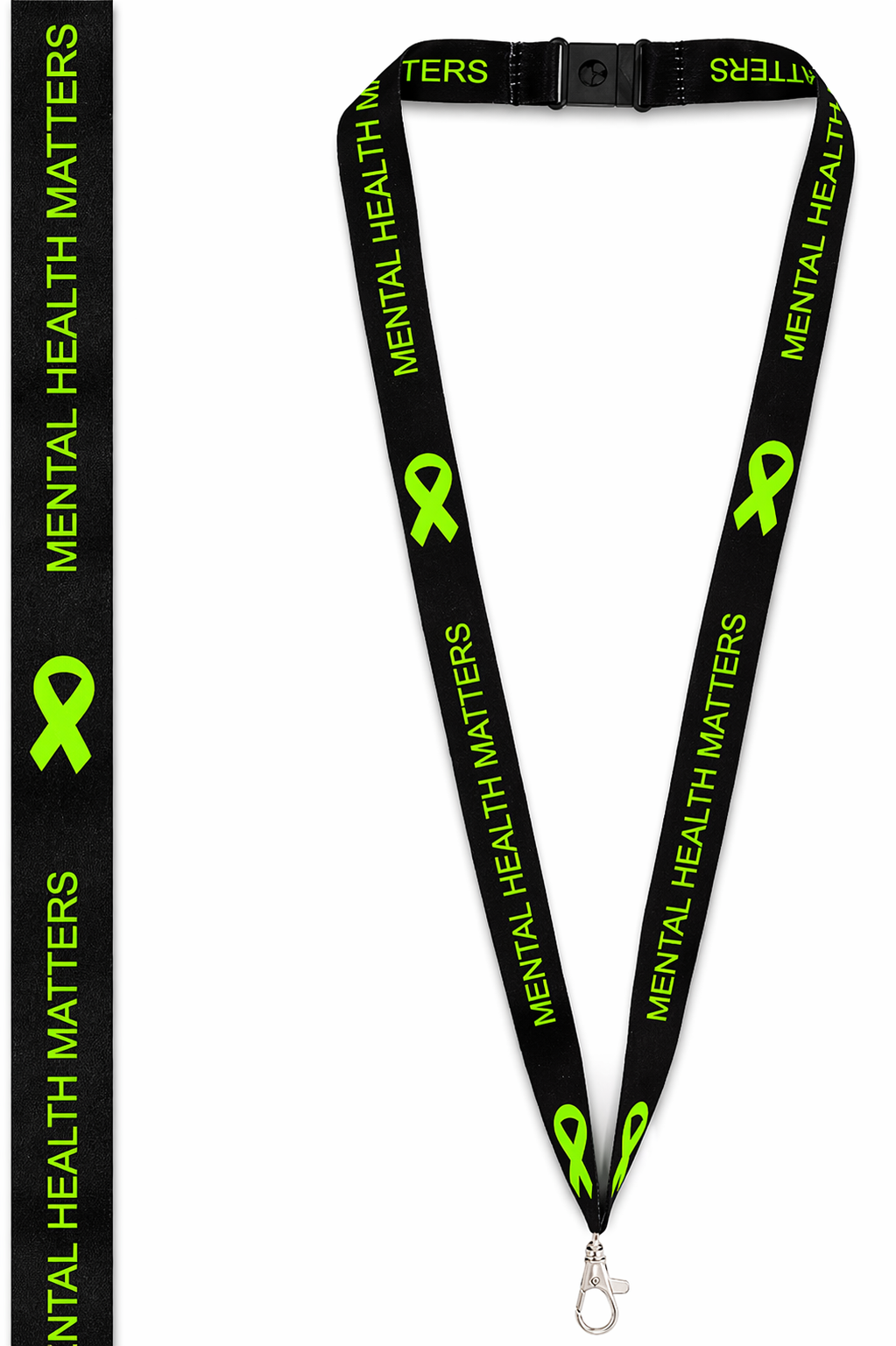 Mental Health Matters lanyard shown flat alongside a worn view, displaying the text "Mental Health Matters" with green ribbon symbols on a black lanyard.