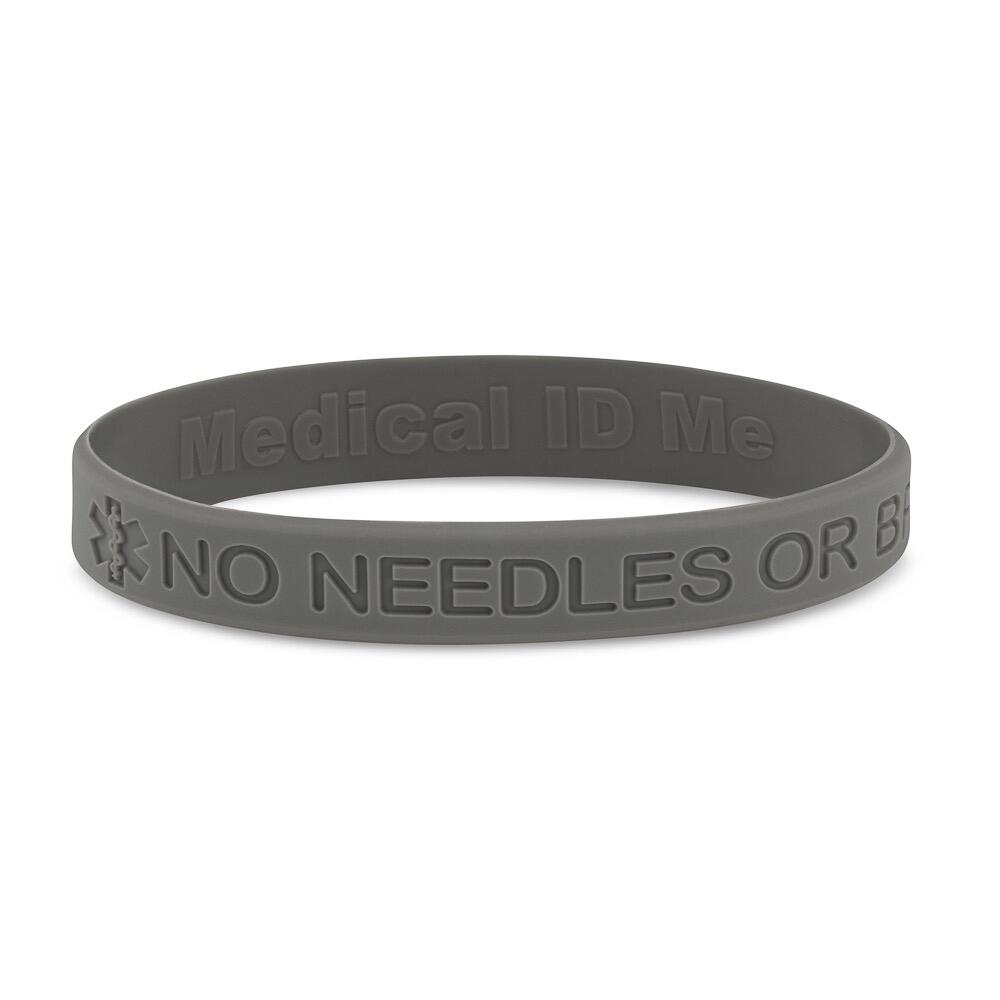 Grey No Needles or BP in This Arm medical alert silicone bracelet