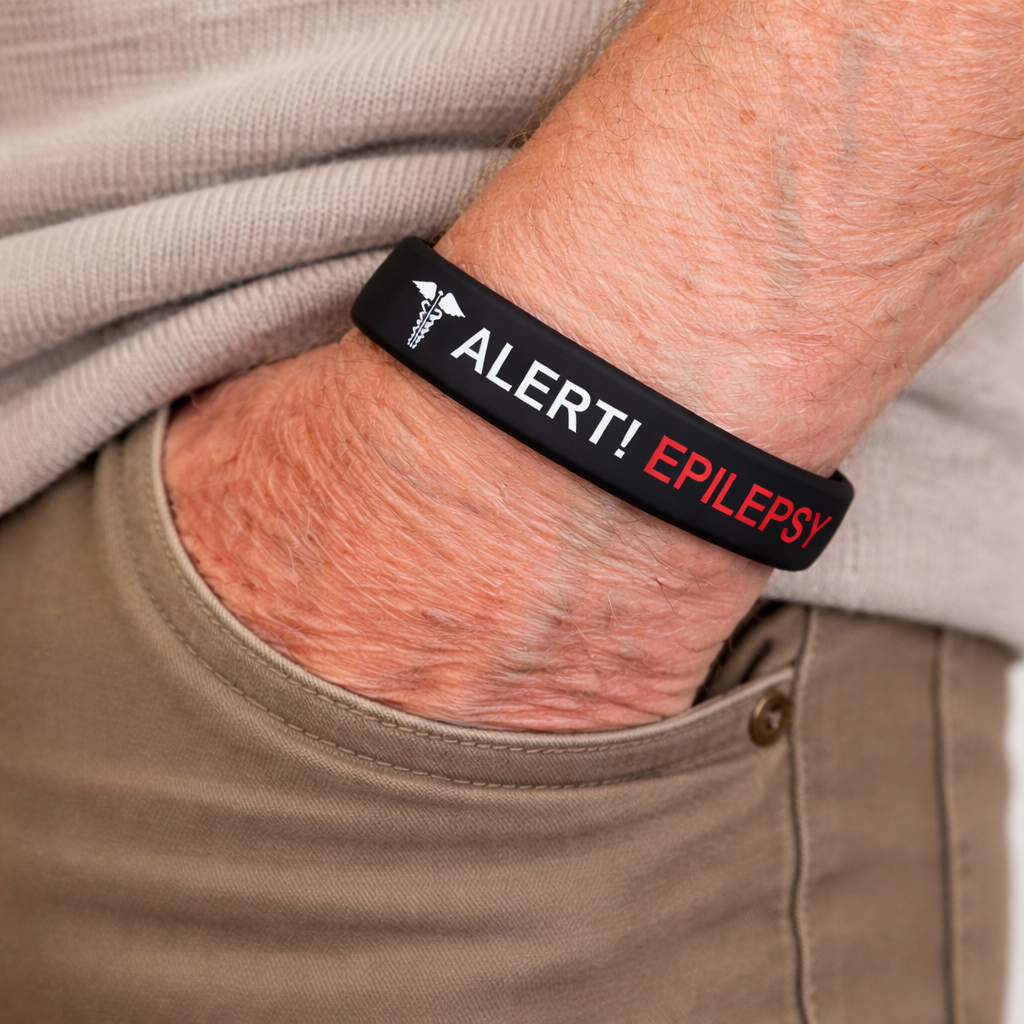 alert epilepsy wristband on a mans wrist
