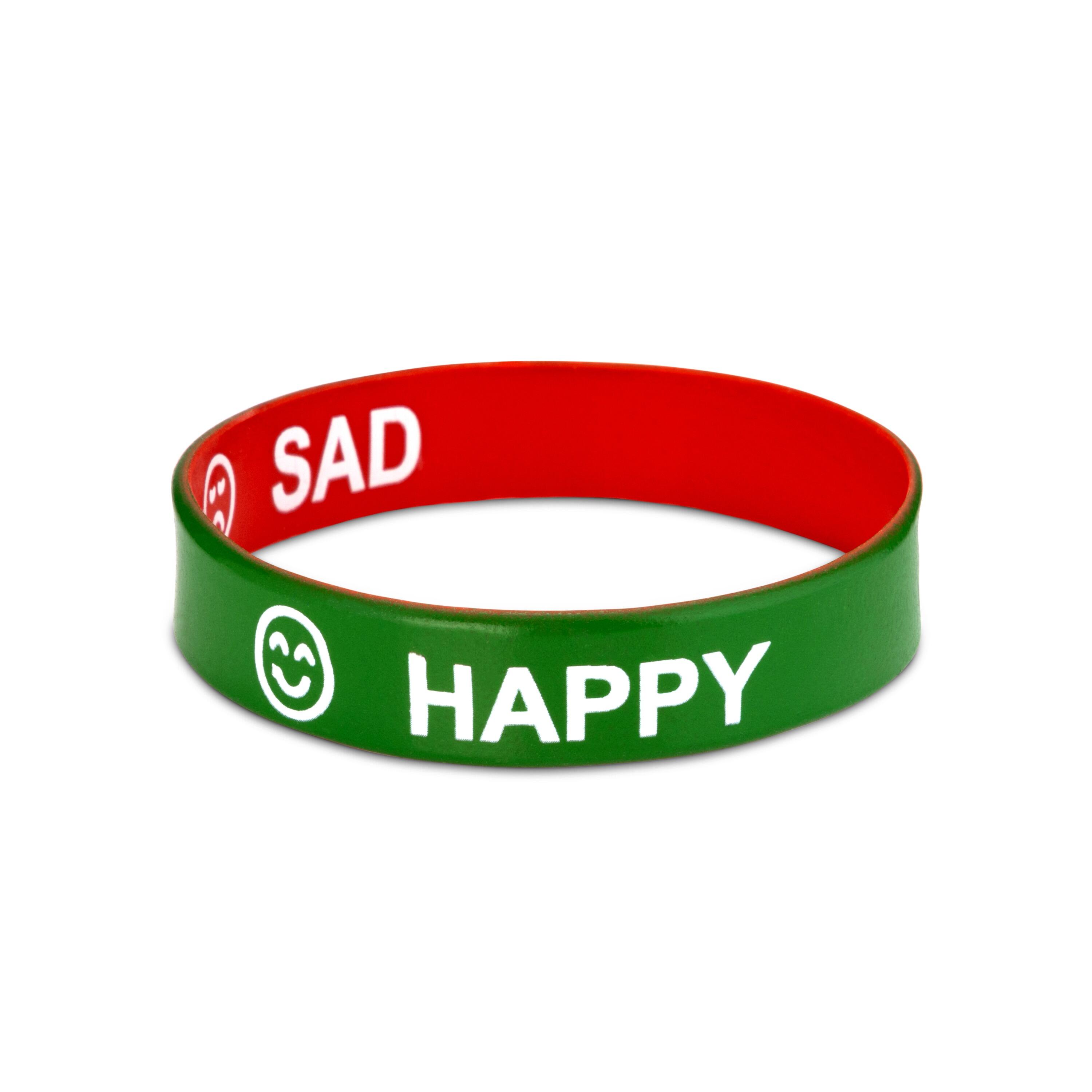 Reversible happy and sad emotion bracelet with green happy side and red sad side