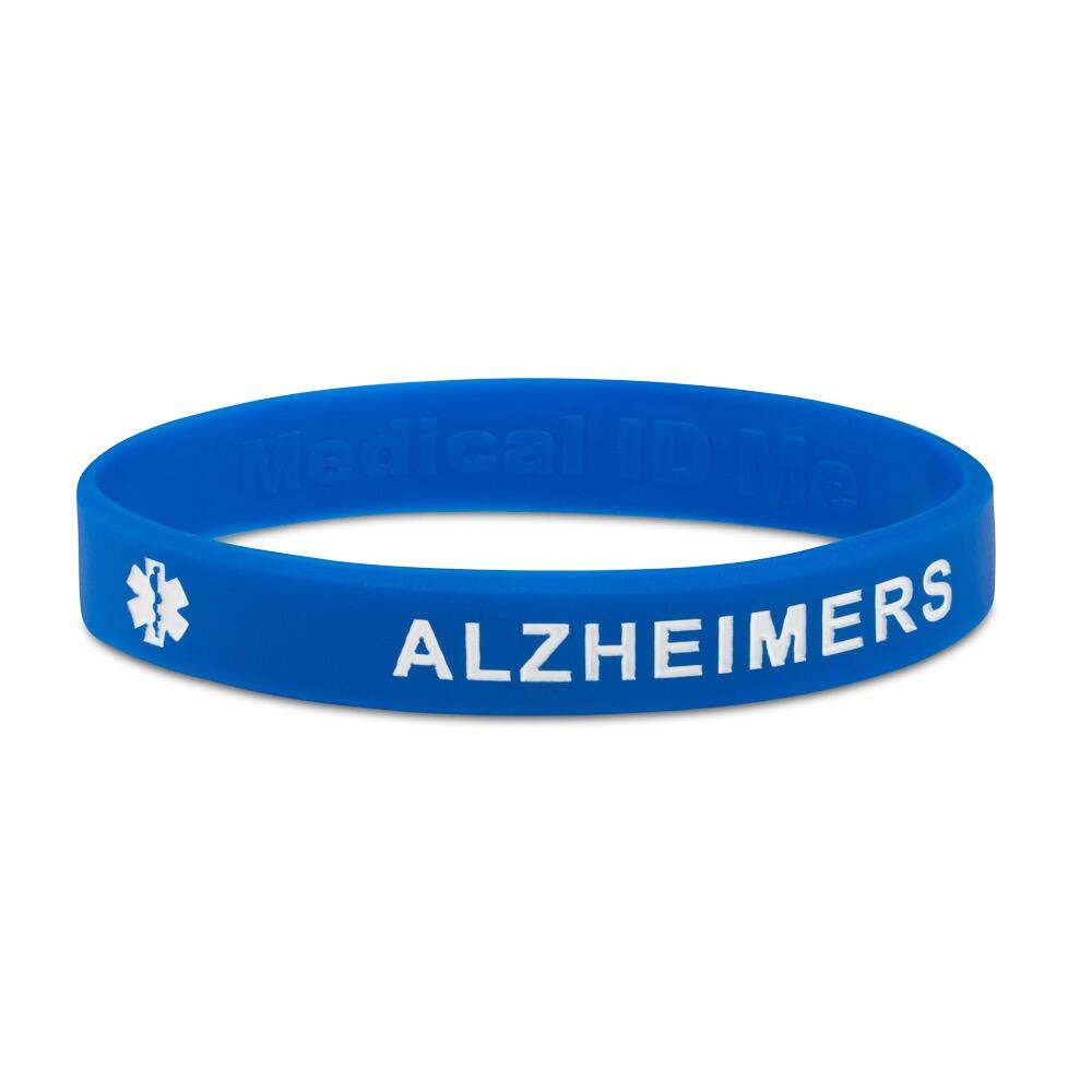 Blue Alzheimer’s awareness medical alert wristband close-up