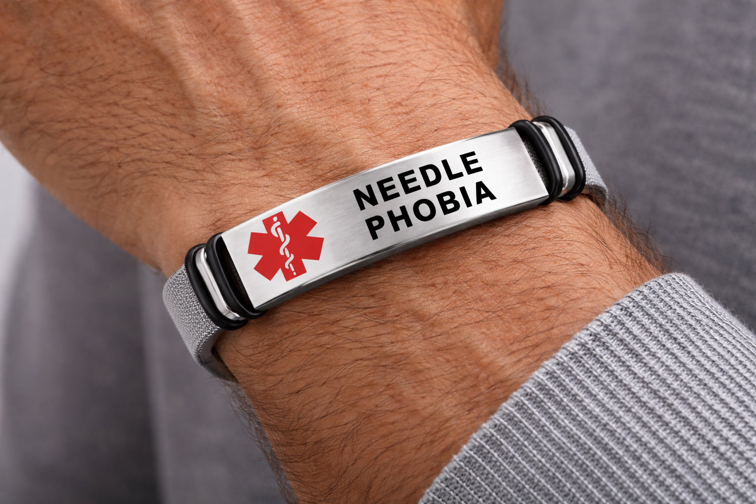 Needle Phobia Bracelet on mans wrist