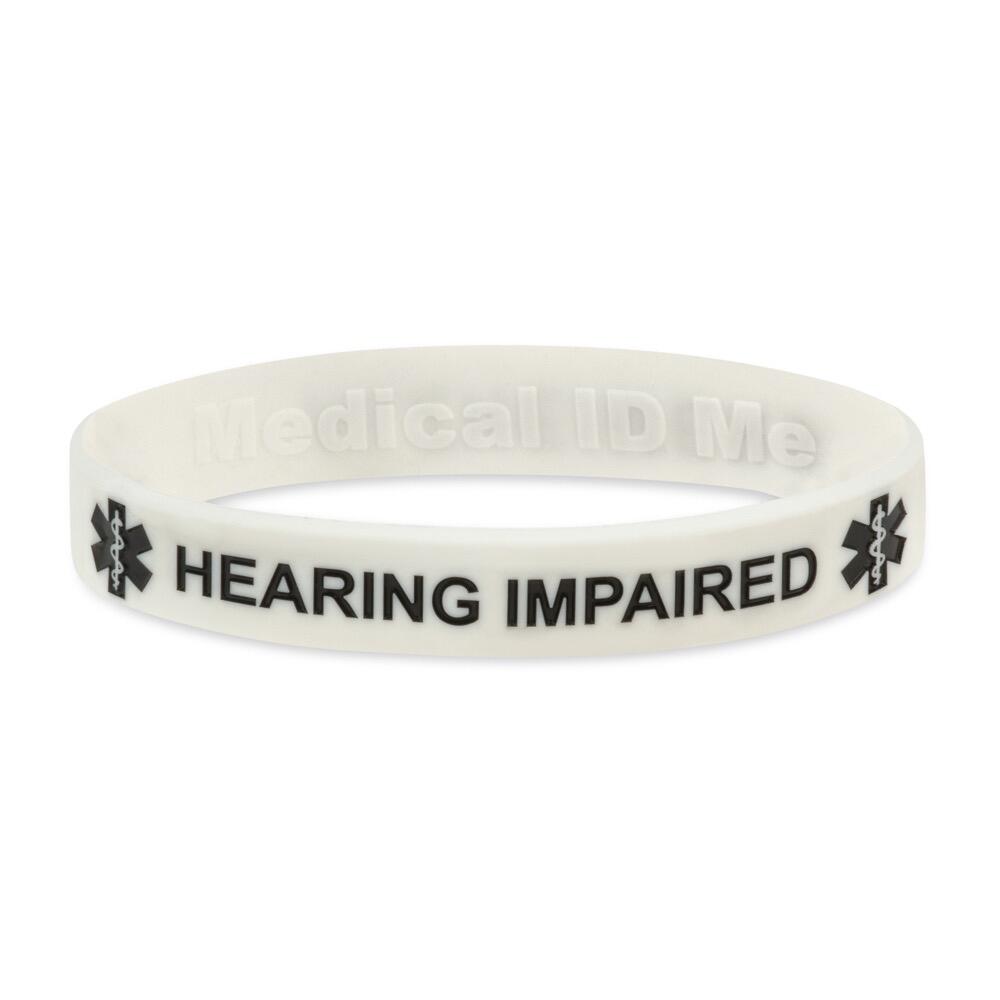 White silicone bracelet with debossed black text 'HEARING IMPAIRED' and medical alert symbols