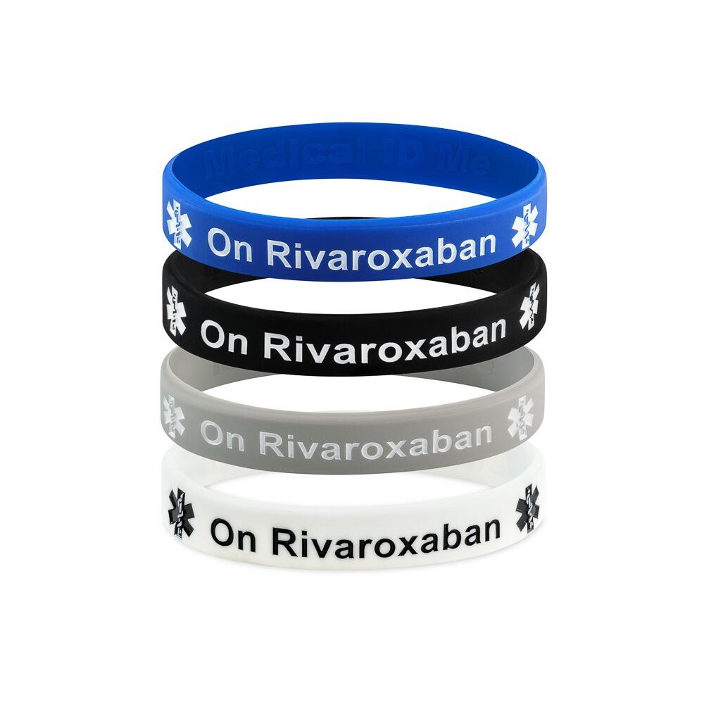 On Rivaroxaban medical alert bracelet stack showing multiple colour options