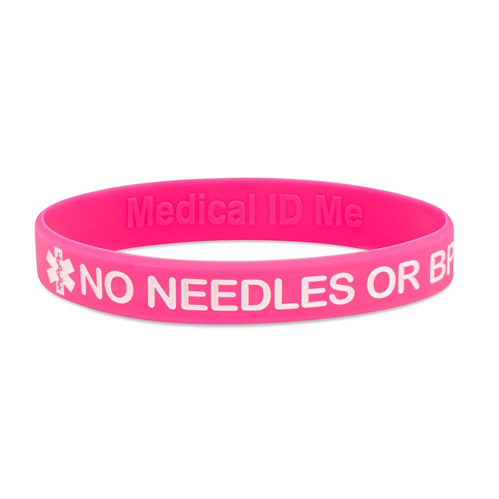 Pink No Needles or BP in This Arm medical alert silicone bracelet