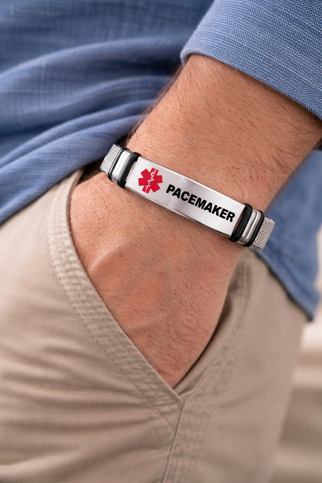 pacemaker silver bracelet on mans wrist