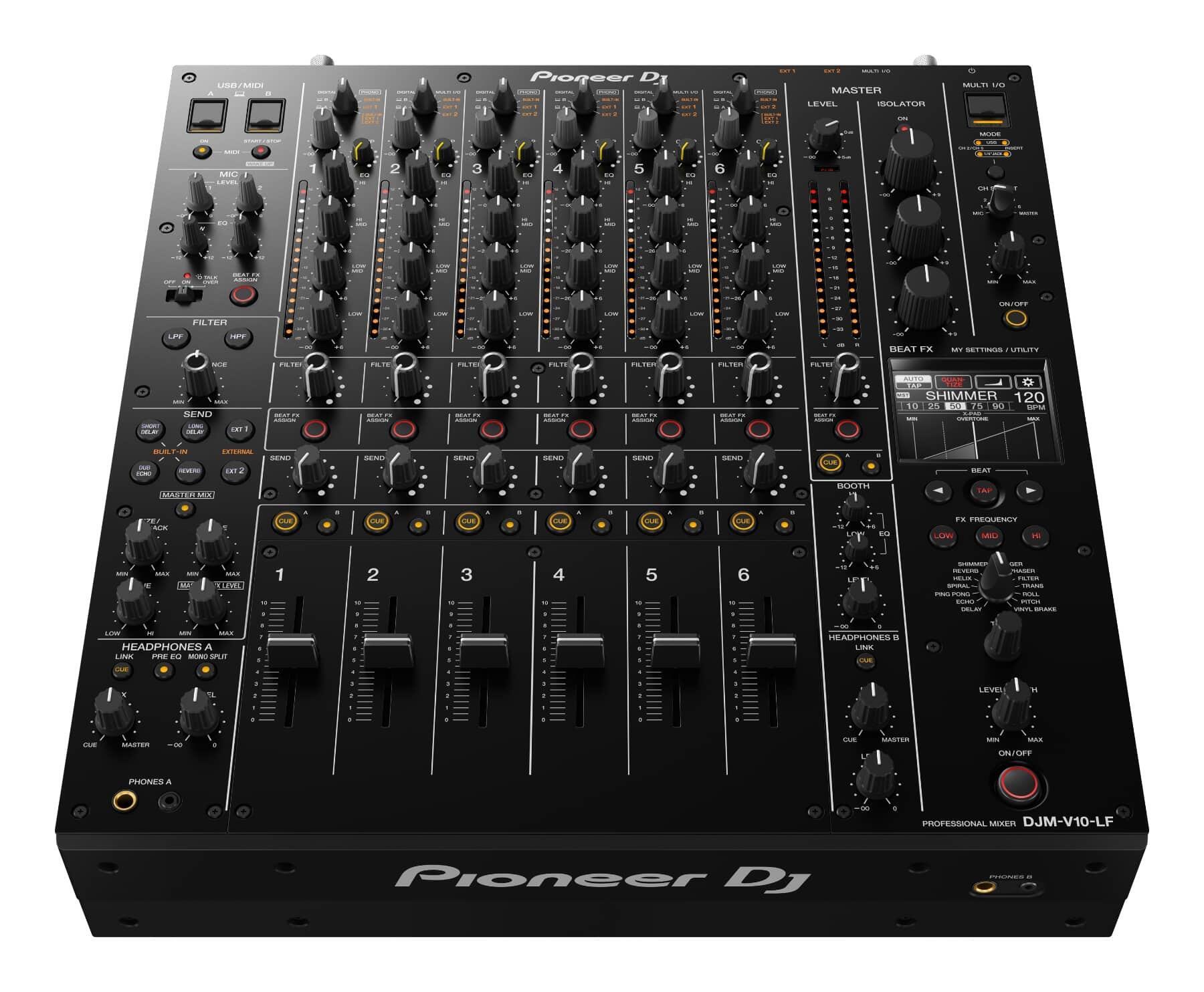 Pioneer DJ DJM-V10-LF 6-channel DJ Mixer front angle