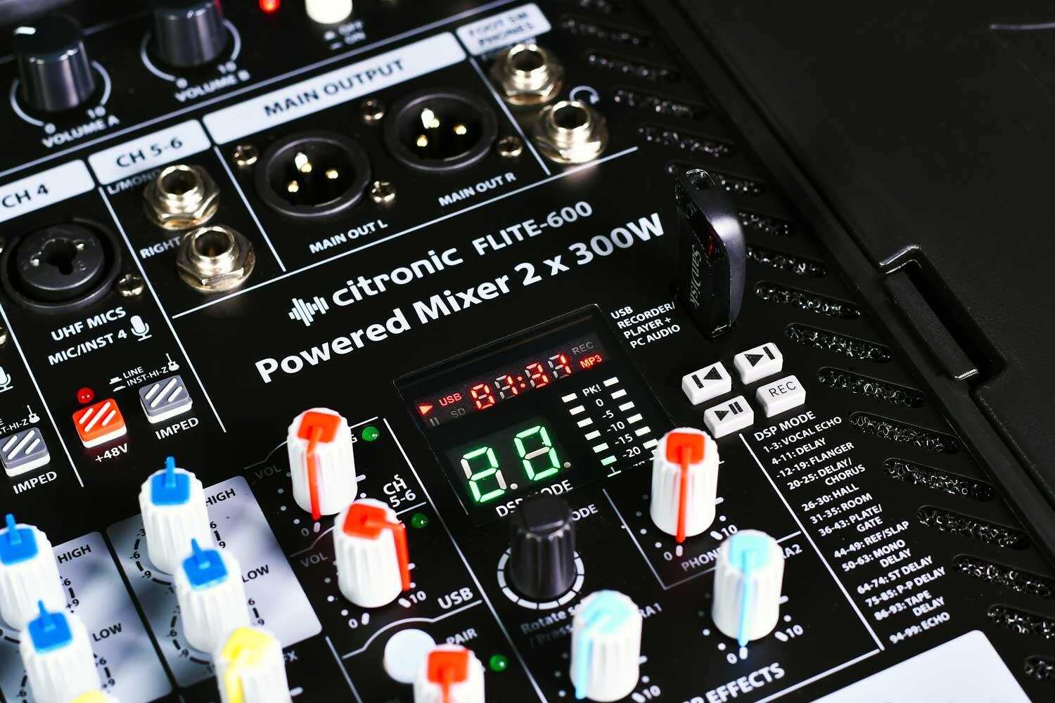 Citronic FLITE-600 Powered Mixer + 2 UHF Microphones + DSP detail
