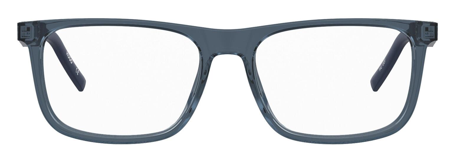 Men's rectangular shaped eco-cellulose frame with sprung hinged temples supporting multi-textured arms in crystal blue with black trim - image view 4