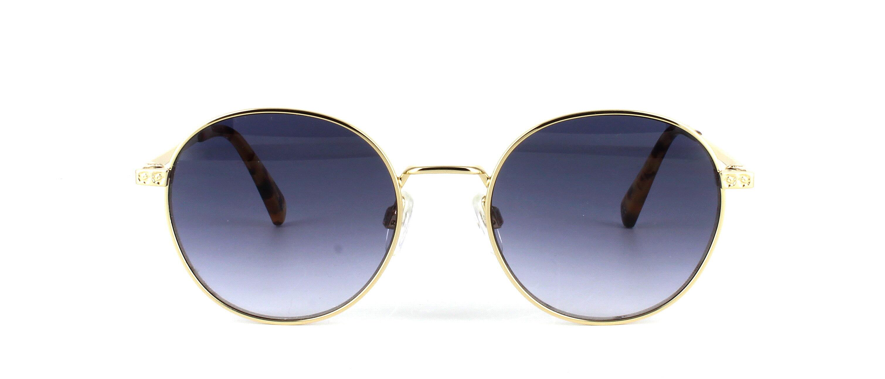 Women's gold metal round shaped prescription sunglasses with fixed hinged temples leading to matching arms with tortoise acetate ear tips - image view 5