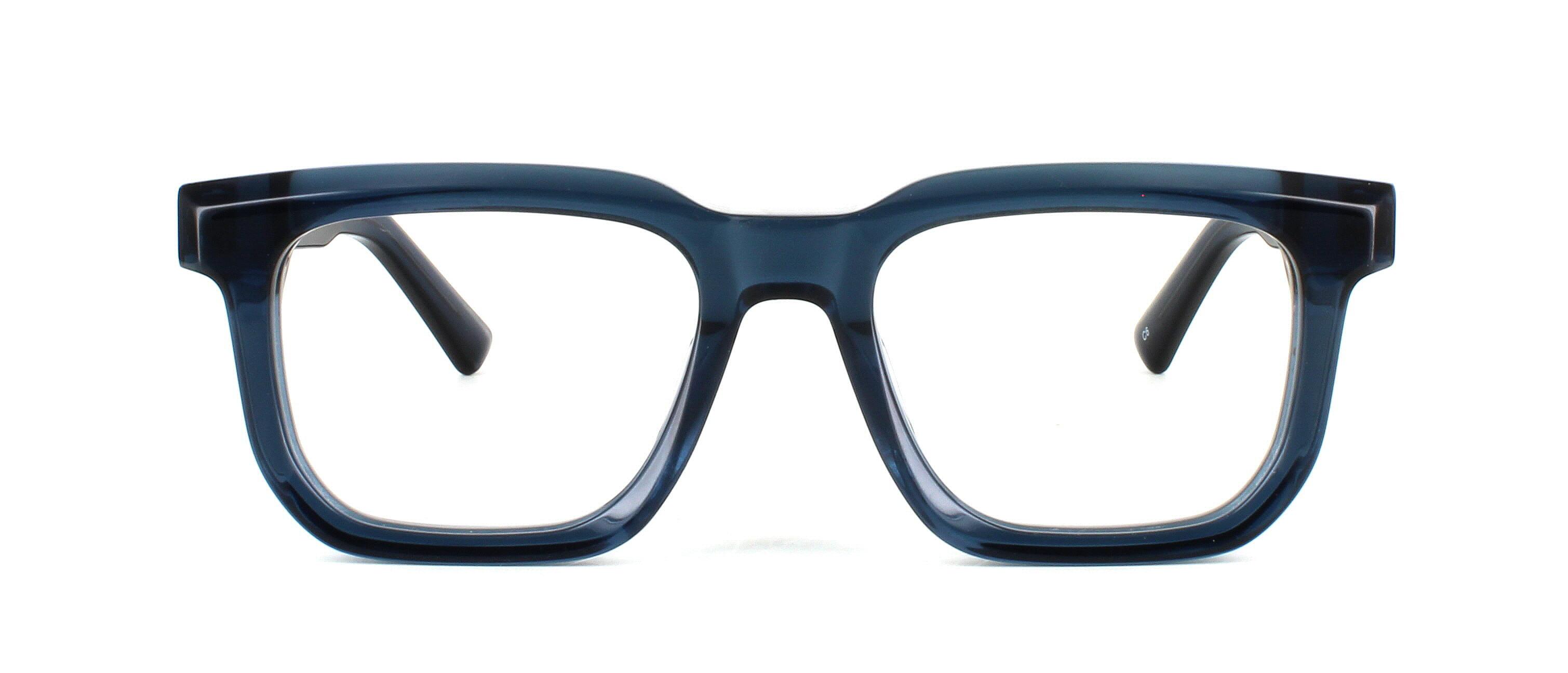 Edward Scotts Kennedy - Rectangular lens shaped unisex acetate frames in crystal blue with matching arms supported on barrel hinges - image view 5