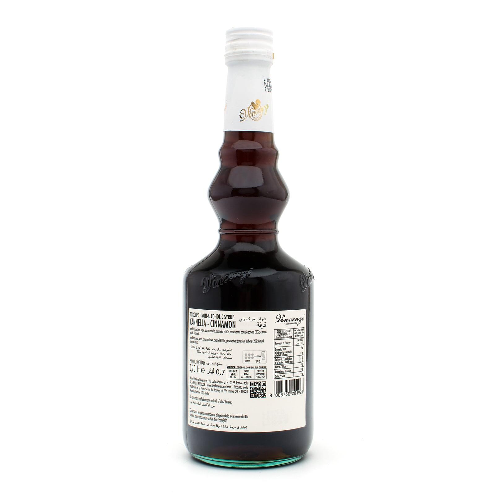 Vincenzi Cinnamon Syrup 700 ml glass bottle, back