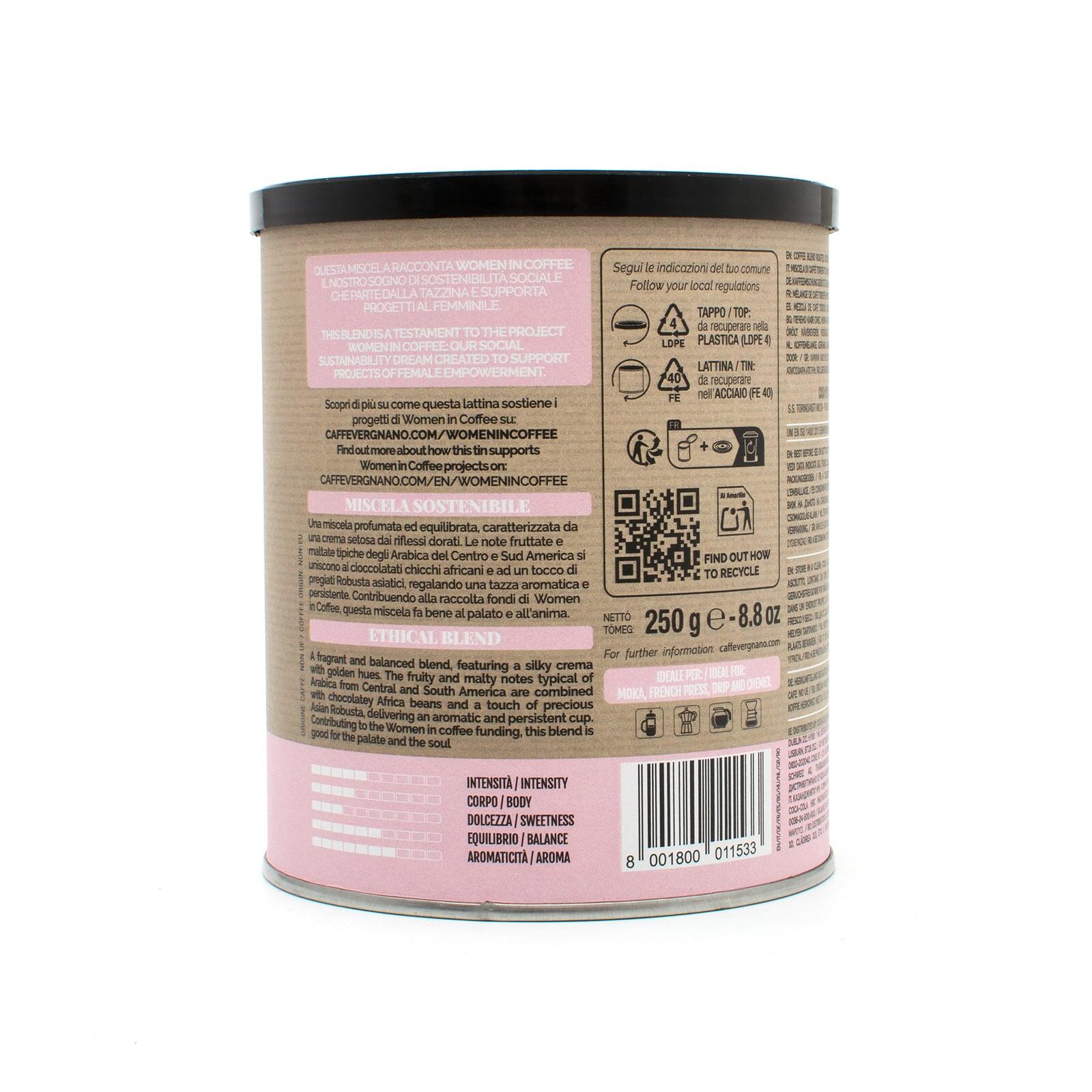 Caffè Vergnano 1882 Women In Coffee Ground Coffee Tin 250g, back of the tin with the blend description