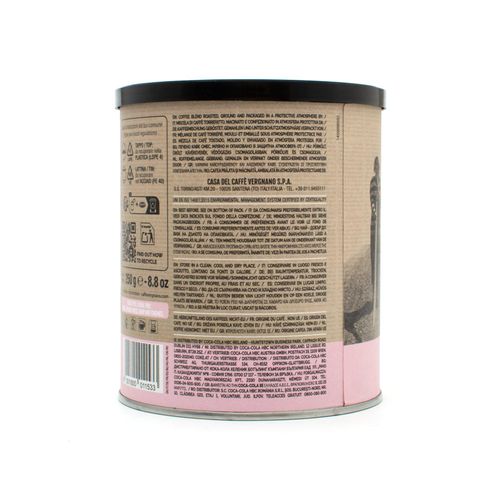 Caffè Vergnano 1882 Women In Coffee Ground Coffee Tin 250g, back of the tin with the pack details