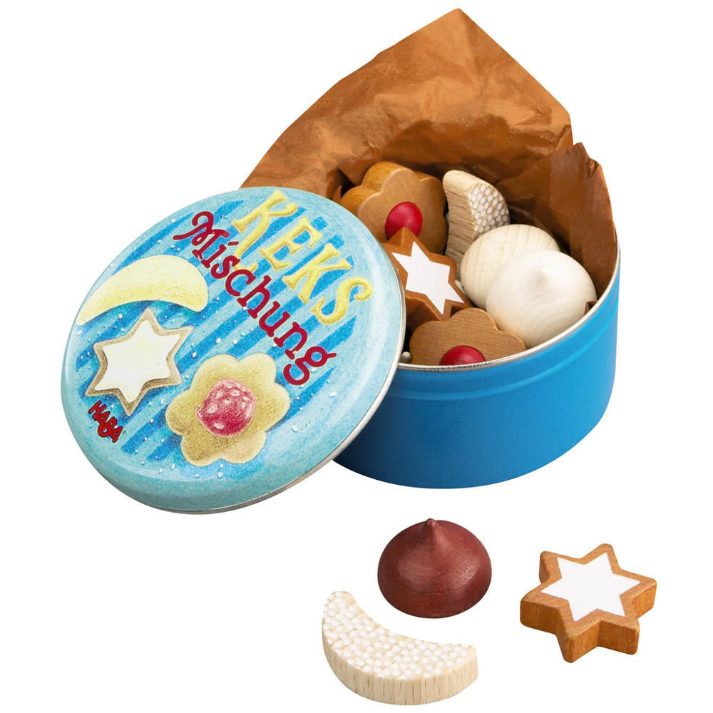 Wooden biscuits in a tin by Haba