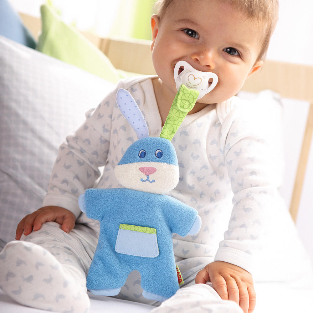 Blue rabbit pacifier holder by Haba