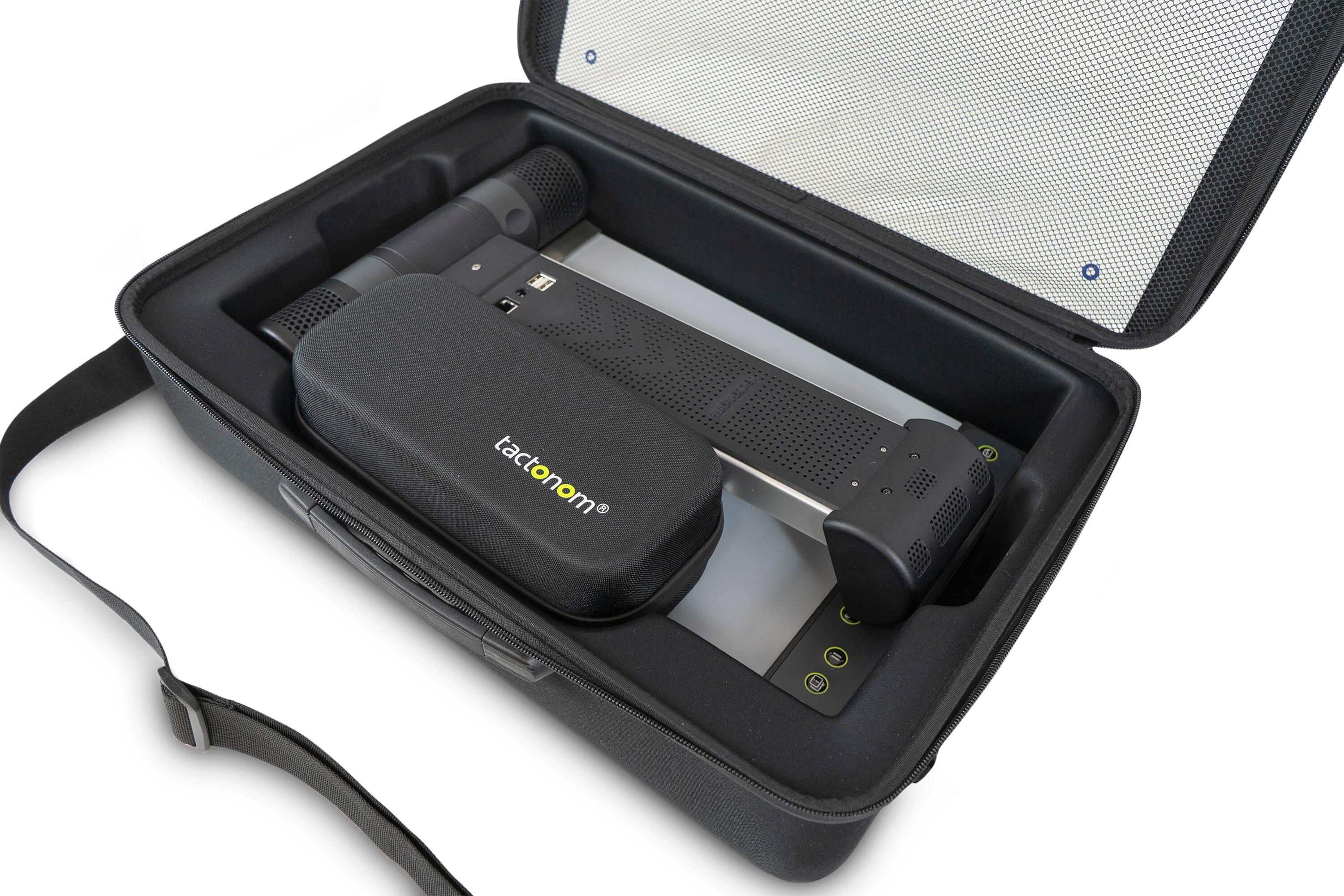 a closer image of the Tactonom Reader Flex Carry Bag open with the Tactonom Flex inside