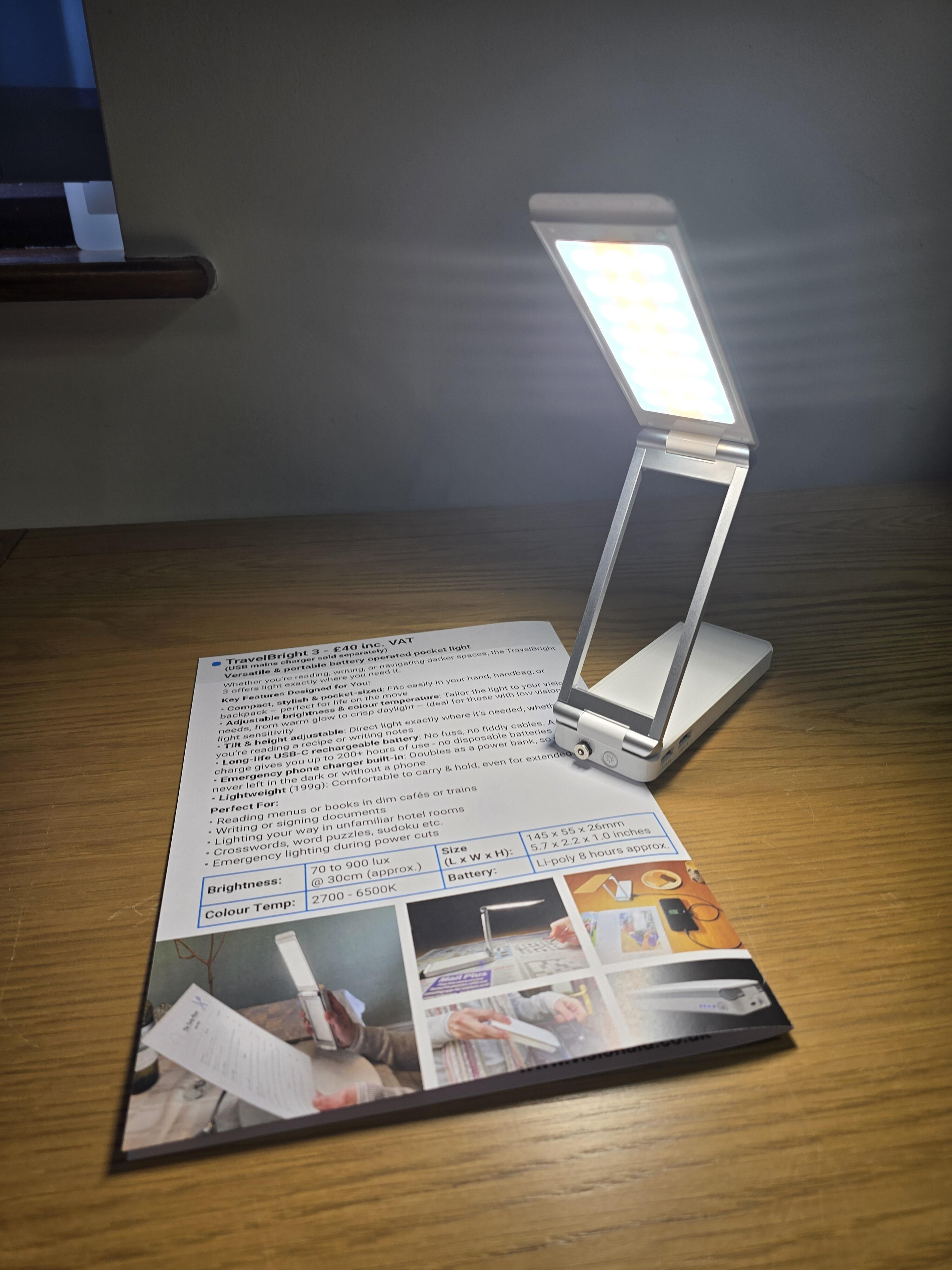 Ex Demo TravelBright 3 open lighting up a page