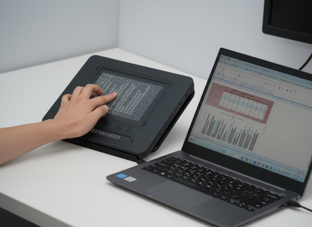 Dot Pad X showing a graph from laptop screen to the braille display.