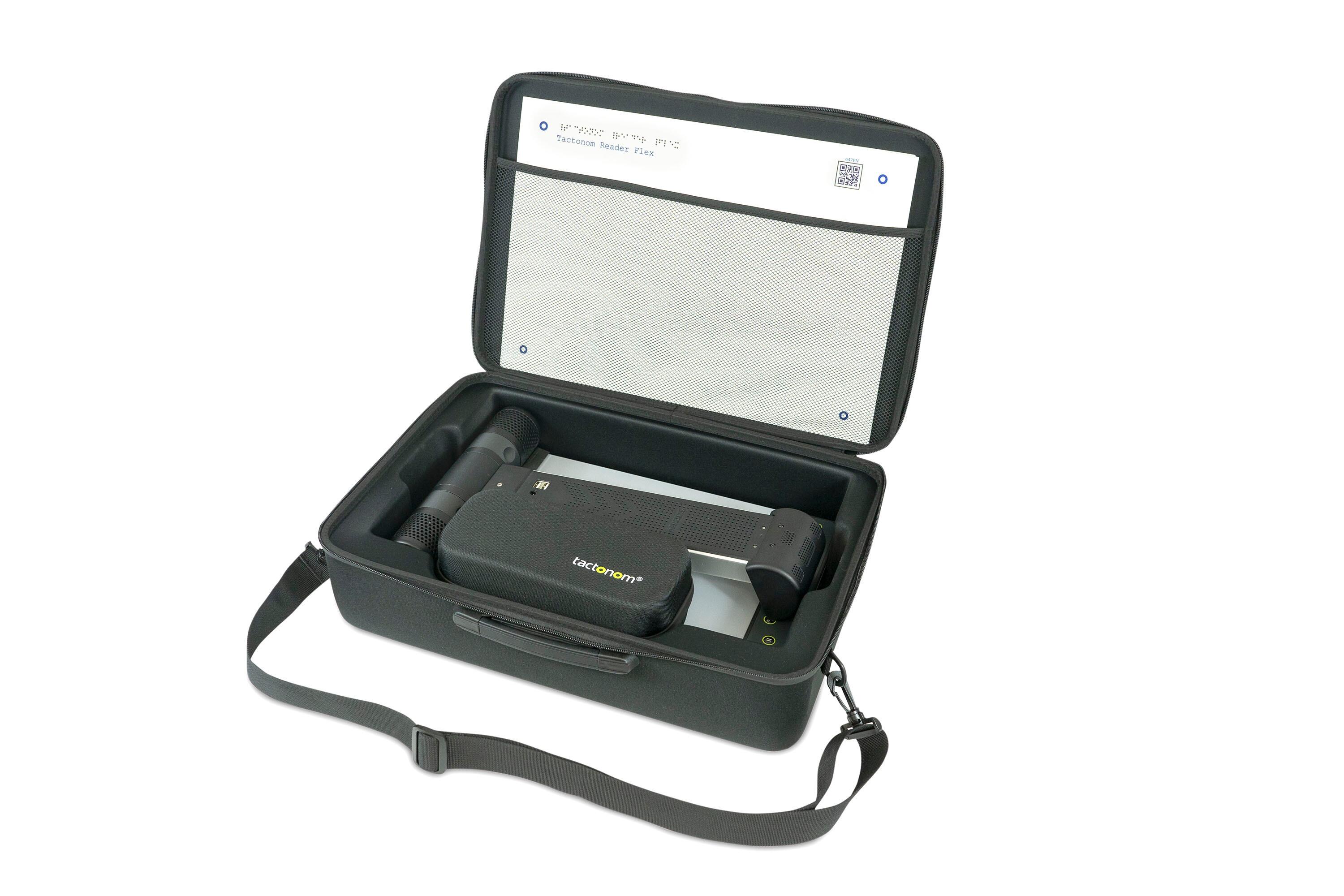 Tactonom Reader Flex Carry Bag open with the Tactonom Flex inside