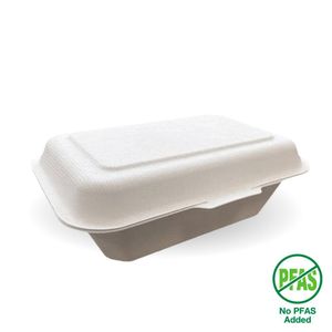 BioPak 7.5" X 5" X 1.9 White BioCane Clamshell Raised Lid (Pack of 500) - B-HL-75-D-W-PF-UK - 1