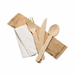 Wooden Cutlery 4 in 1 Pack - Fork/Knife/Dessert Spoon & Napkin (Case of 250) - 1