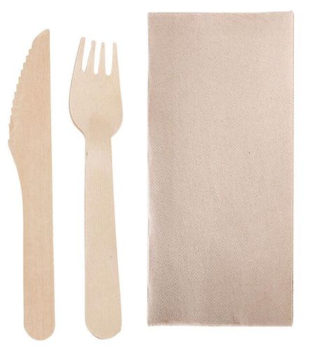 Bag Of 250 Wooden Cutlery Sets 16cm In Packs Of 3/1: Fork, Knife, 2 Ply Napkin - 710766 - 1