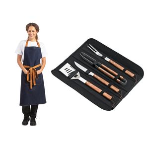 Deglon Sabatier Prep Like A Pro 4-Piece BBQ Utensil Set With Whites Denim-Blue Apron - SA636 - 1