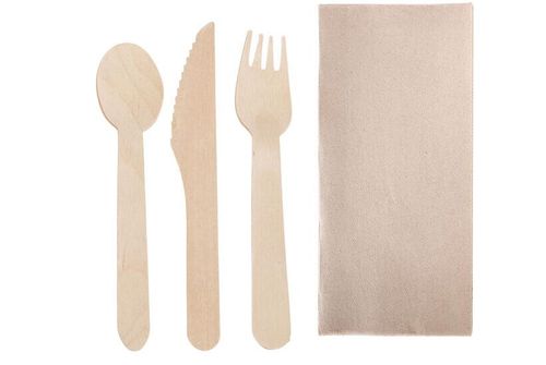 Bag Of 250 Wooden Cutlery Sets 16cm In Packs Of 4/1: Fork, Knife, Spoon, 2 Ply Napkin - 710767 - 1
