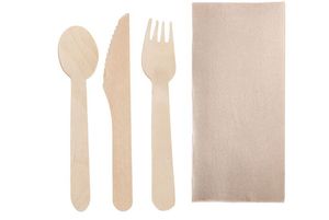 Bag Of 250 Wooden Cutlery Sets 16cm In Packs Of 4/1: Fork, Knife, Spoon, 2 Ply Napkin - 710767 - 1