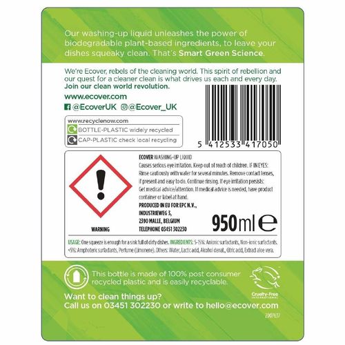 Ecover Lemon and Aloe Vera Washing Up Liquid Concentrate 950ml - DA409 - 2